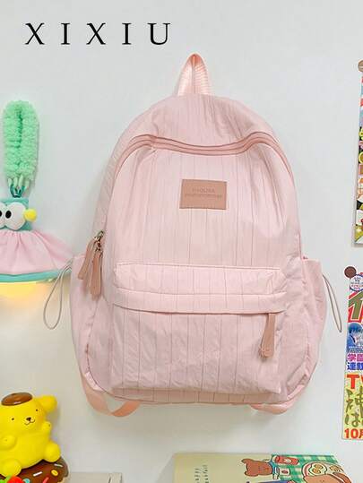 Mochila de mujer de nailon con rayas verticales plisadas y etiqueta de cuero, adecuada para la escuela y los viajes para adolescentes (esencial para la vuelta al colegio)