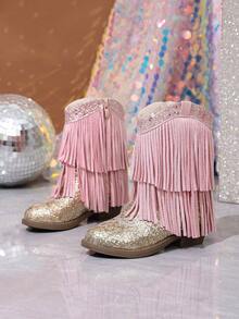 NILOSH Girls' Glitter Tassel Denim Boots, Western Mid-Calf Boots, Suitable For Party, Dance And Performance - Baby Pink - View 1
