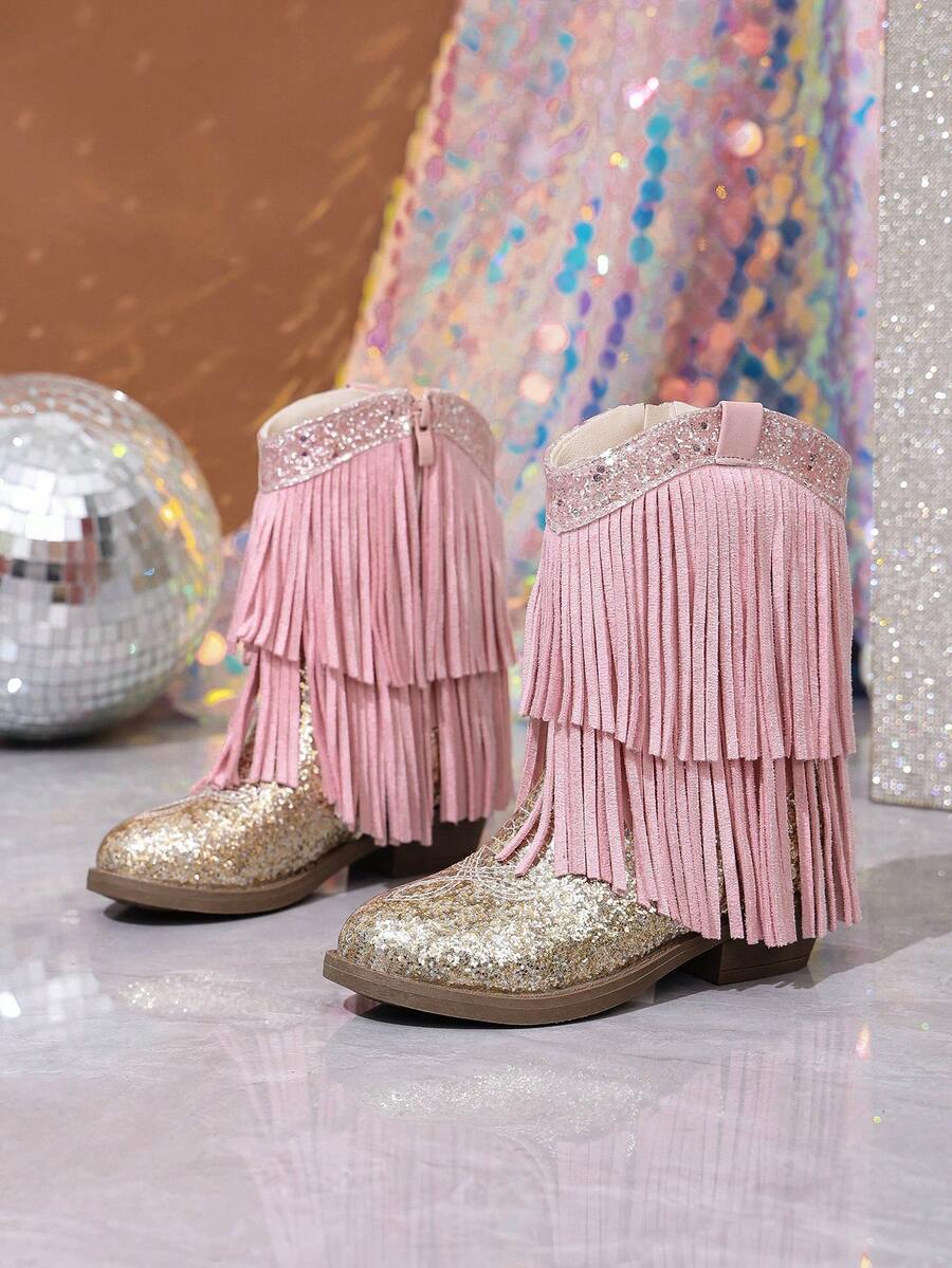 NILOSH Girls' Glitter Tassel Denim Boots, Western Mid-Calf Boots, Suitable For Party, Dance And Performance - Baby Pink - View 1