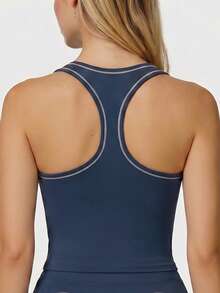 TimeOff Women's 1pc Contrast White Trim Line V-Neck Removable Padding Racerback Sports Tank Top - Navy Blue - View 7