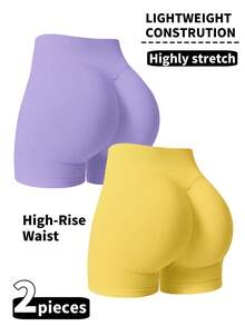 2件組 女款高腰無縫瑜伽短褲,彈性提臀運動短褲 - 彩色 - 查看 14
