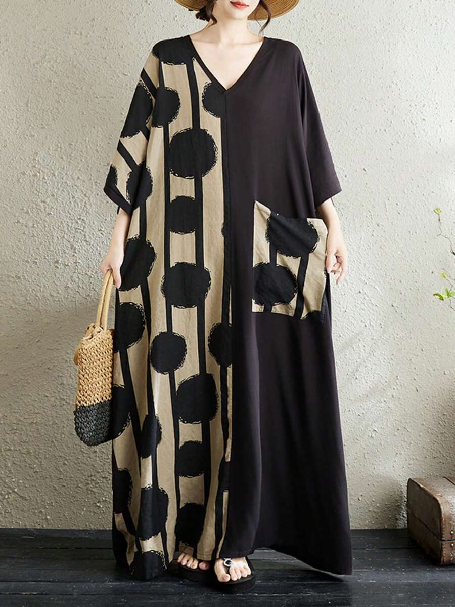 女士波点连衣裙 优雅度假连衣裙 大码波西米亚休闲度假连衣裙 2025夏季女士大码V领短袖撞色宽松条纹大口袋连衣裙 黑色 - 黑色 - 查看 1