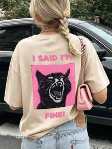 Women's Round Neck Short Sleeve T-Shirt, Summer New Cat Pattern & Letter Print, Casual Loose Versatile Top, Fashionable Daily Wear - Apricot - View 6