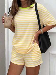 Vellofy Women's Casual Striped Two Pieces Set With Round Neck Short Sleeve Top And Shorts Summer - Yellow - View 8