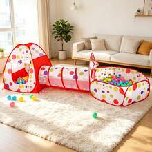 Rotes Polka-Dot-Thema 3-in-1 Kinderzelt | Realistisches Spielhaus-Design tragbares Kinder-Spielzelt, geeignet für Innen- und Außenunterhaltung, fantasievolles Spiel, Spielzeug und Geschenke | Faltbares Spielhaus + Aufbewahrungstasche für Jungen und Mädchen, bestes Kinder-Urlaubs- und Geburtstagsgeschenk (Rot) - Rot - Übersicht 3