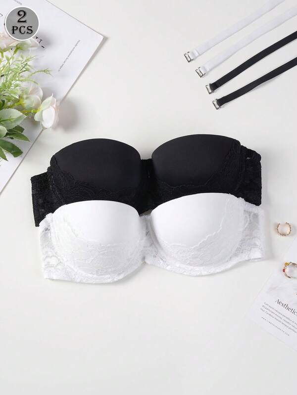 2PCS Women's Solid Color Lace Padded Bra, Comfortable Strapless Bra With Detachable Shoulder Straps