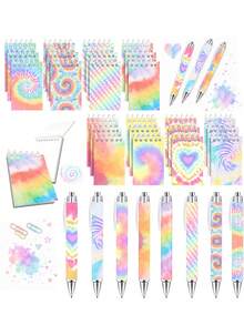 12pcs-Mini Tie-Dye Notebooks And Matching Ballpoint Pens. Colorful Style Pocket Notebooks And Ballpoint Pens, Back To School - Multicolor - View 4