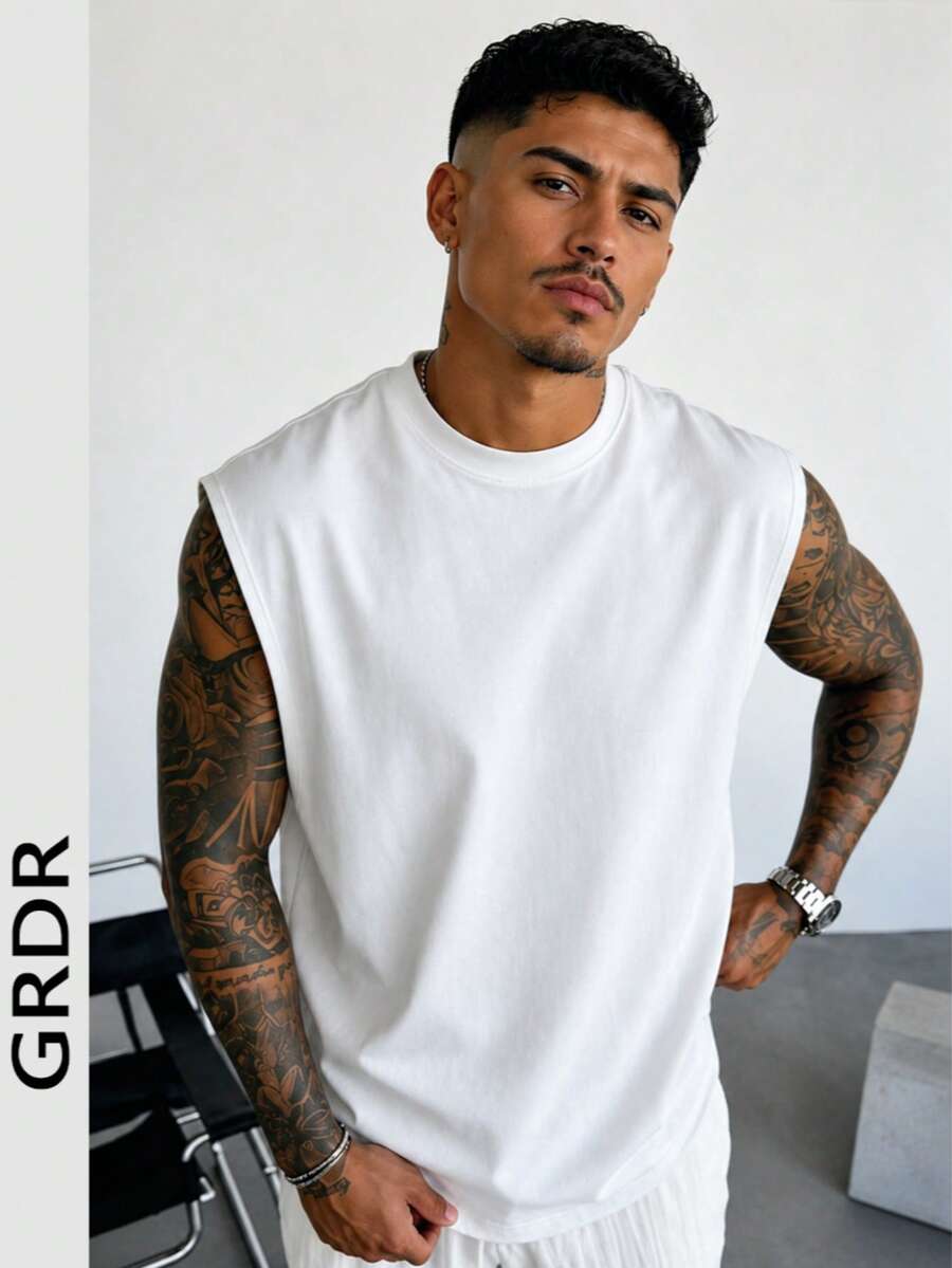 GRDR Men's Classic Solid Color Sleeveless Round Neck Tank Top, Suitable For Sports, Fitness And Daily Wear In Summer - White - View 1