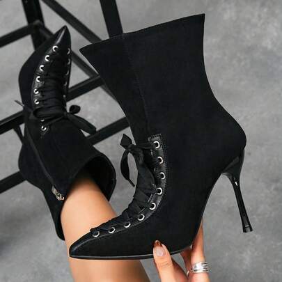 Women's Black Suede Pointed Toe Lace-Up High Heel Ankle Boots, Made Of Black PU Material, Featuring Pointed Toe Design And Decorated With Satin Ribbon.