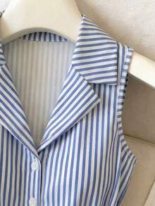 Body de punto estilo francés vintage para mujer, a rayas azules y blancas, cuello polo, diseño con botones y lazo, elegante atuendo de verano para la - Azul y blanco - Ver 6