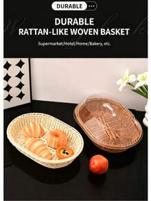 Woven Plastic Rattan Service Basket With Transparent Dust Cover, Essential Kitchen Accessory For Summer Holidays, Food Display Tray, Storage For Bread, Fruit, Desserts, Suitable For Bakery, Home Kitchen, Restaurant - Multicolor - View 9