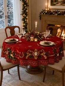 1 Stück luxuriöse rote und goldene Stechpalmen-Schleife mit verzierter Randdruck runde Tischdecke - ideal für formelle Feiertagsdekoration, Heimdekoration, Raumdekoration, Garten, Küche, Hochzeit, elegantes Weihnachtsessen & Neujahrsfeier - Verschiedenfarbig - Übersicht 13