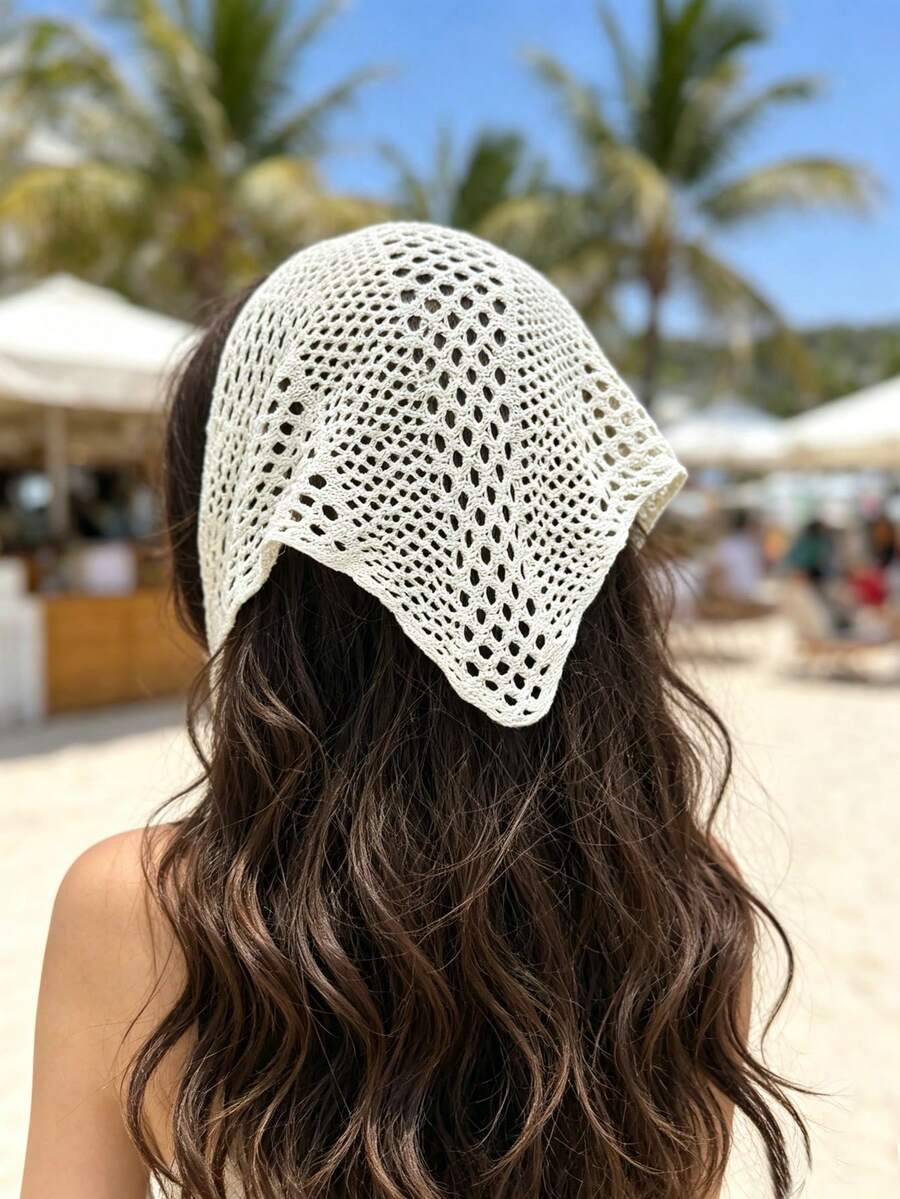 1pc Women Hollow Out Knit Triangle Headscarf, Boho Crochet Bandana With Tie Straps, Breathable Summer Beach Vacation Head Summer Hair Accessories - Multicolor - View 1
