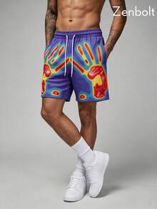 Zenbolt Men's Elastic Waist Mesh Shorts, With Star Stripe And Letter Print, Adjustable Drawstring & Side Pockets, Relaxed Fit For Daily Casual Wear - Multicolor - View 1