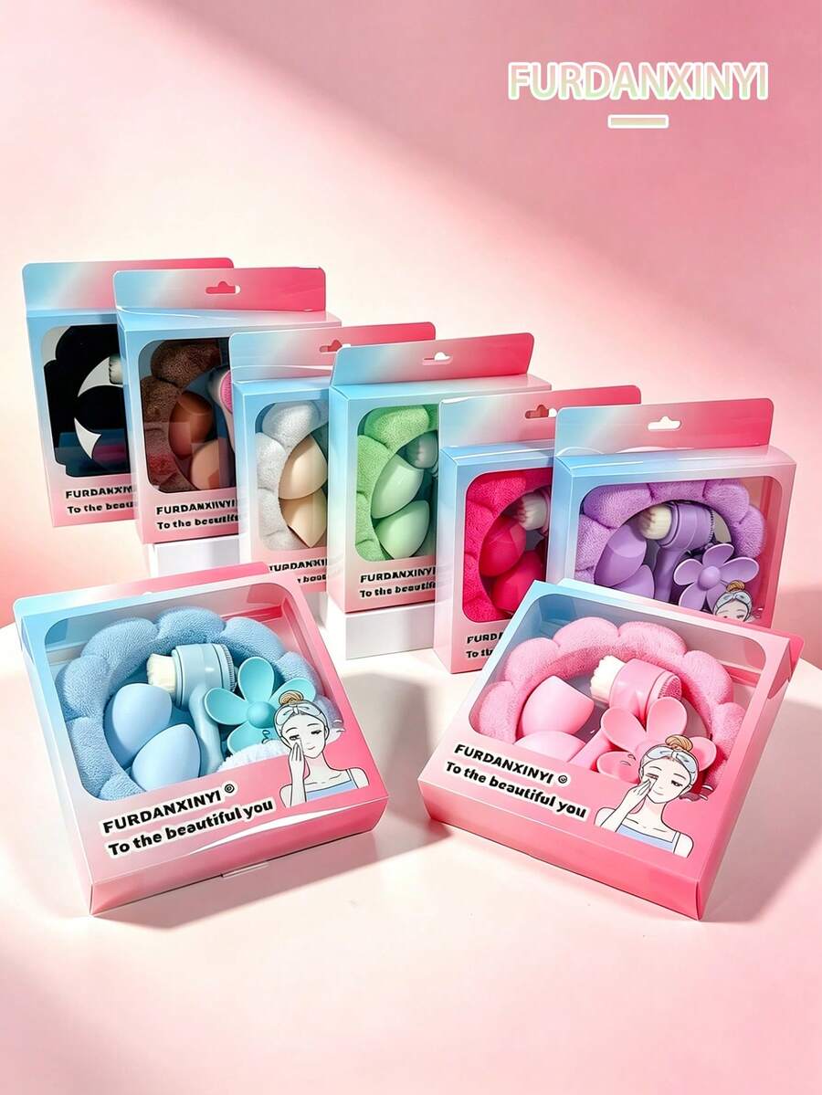 FURDANXINYI 7Pcs/Set All-In-One Skincare & Makeup Set, Includes SPA Headband, Wristbands, Facial Cleansing Brush, Makeup Sponge And Flower Hair Clips, Cute Colorful Makeup Accessories Gift Set, Suitable For Women And Girls - Multicolor - View 1