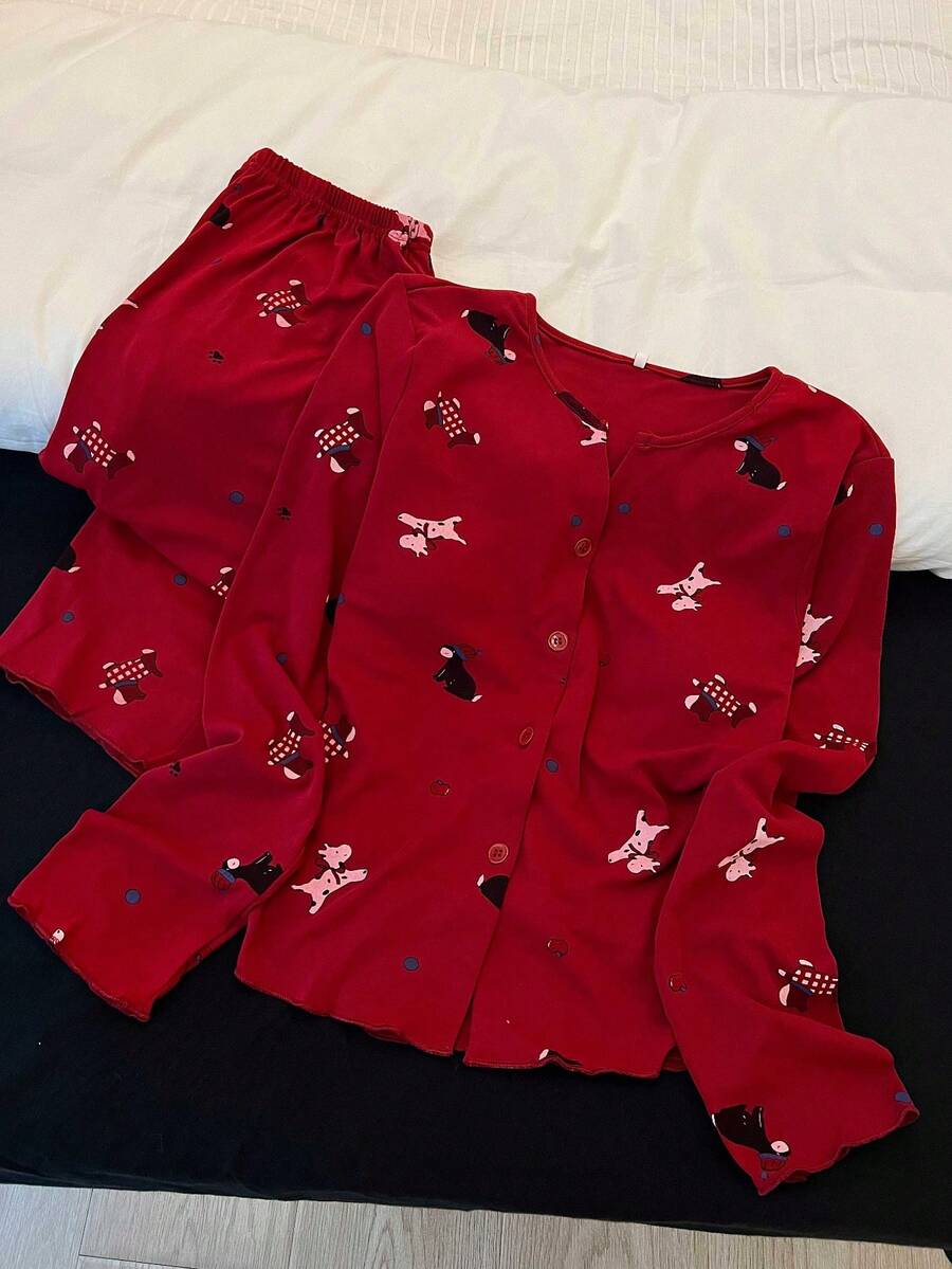 Women's Red Cartoon Puppy Print Pajama Set, Long Sleeve Top With Padded Chest And Long Pants, Cardigan Style Loungewear, New Design, Suitable For Outdoor Wear, Random Print - Red - View 1