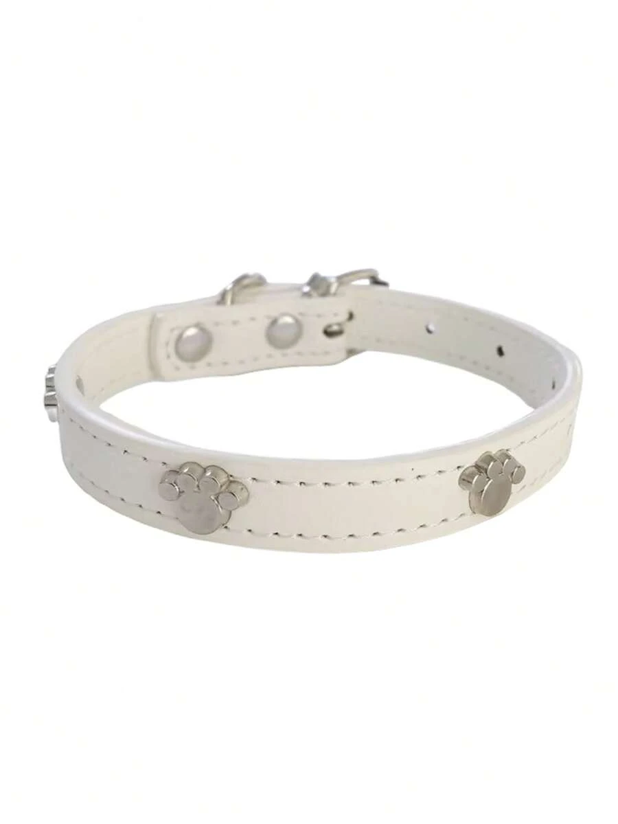 YOKLUN Leather Pet Collar, Cute And Charming, Comfortable Material, With Adorable Paw Print Decoration, Adjustable For Cats And Dogs - White - View 1