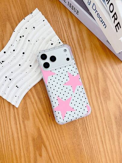 1pc White Transparent TPU Y2K Style Black Polka Dot Pink Star Pattern Four-Corner Anti-Drop Integrated Card Holder Phone Case, Fashionable Versatile Creative Personalized, Full Coverage Protection Dustproof Waterproof Soft Shell Suitable For Versatile Phone Case/Card Holder Phone Case/Interesting Phone Case/Android Phone Case/ Phone Case/ Phone Case/ Phone Case