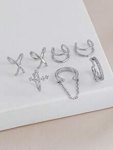 7Pcs Silvery Ear Cuff Set For Women, Dainty CZ Cross Chain Non-Piercing Ear Cuffs, Fake Cartilage Earrings For Multiple Piercings Jewelry Gift - Silver - View 2