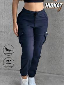 Pantaloni cargo da donna con vita con coulisse, design con tasche, pantaloni jogger casual da esterno per primavera e autunno, aderenti e sportivi - Blu - Visualizzare 2