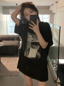 女款圓領短袖T恤，夏季新款肖像圖案與字母印花，時尚休閒百搭寬鬆上衣，黑色 - 黑色 - 查看 11