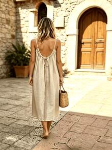 ¡Ideal para tus Vacaciones!Vestido Midi Tirantes Finos Espalda Descubierta con Cordón, Tela Ligera que Disimula la Figura - Albaricoque - Ver 2