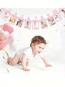 1st Birthday Photo Banner, Gold Glitter Growth Milestone Cards (1-12 Months), Monthly Milestone Photo Decoration Bunting, 1st Birthday Celebration Decoration Supplies - Multicolor - View 3
