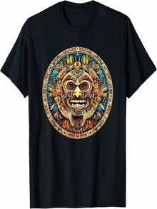 T-Shirt With Warrior Mask And Mayan  Solar Calendar Totem - 黑色 - 查看 1