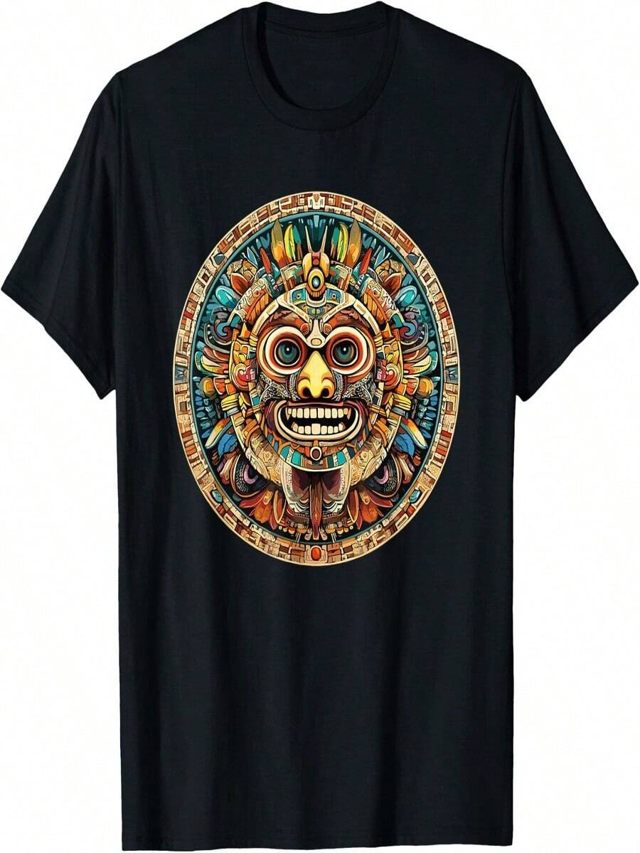T-Shirt With Warrior Mask And Mayan Solar Calendar Totem - 黑色 - 查看 1