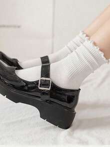 1/5/6/10/15 Pairs Pure White Striped Ruffle Mid-Calf Socks, Suitable For Home, Travel, Vacation And Autumn/Winter Seasons - White - View 3