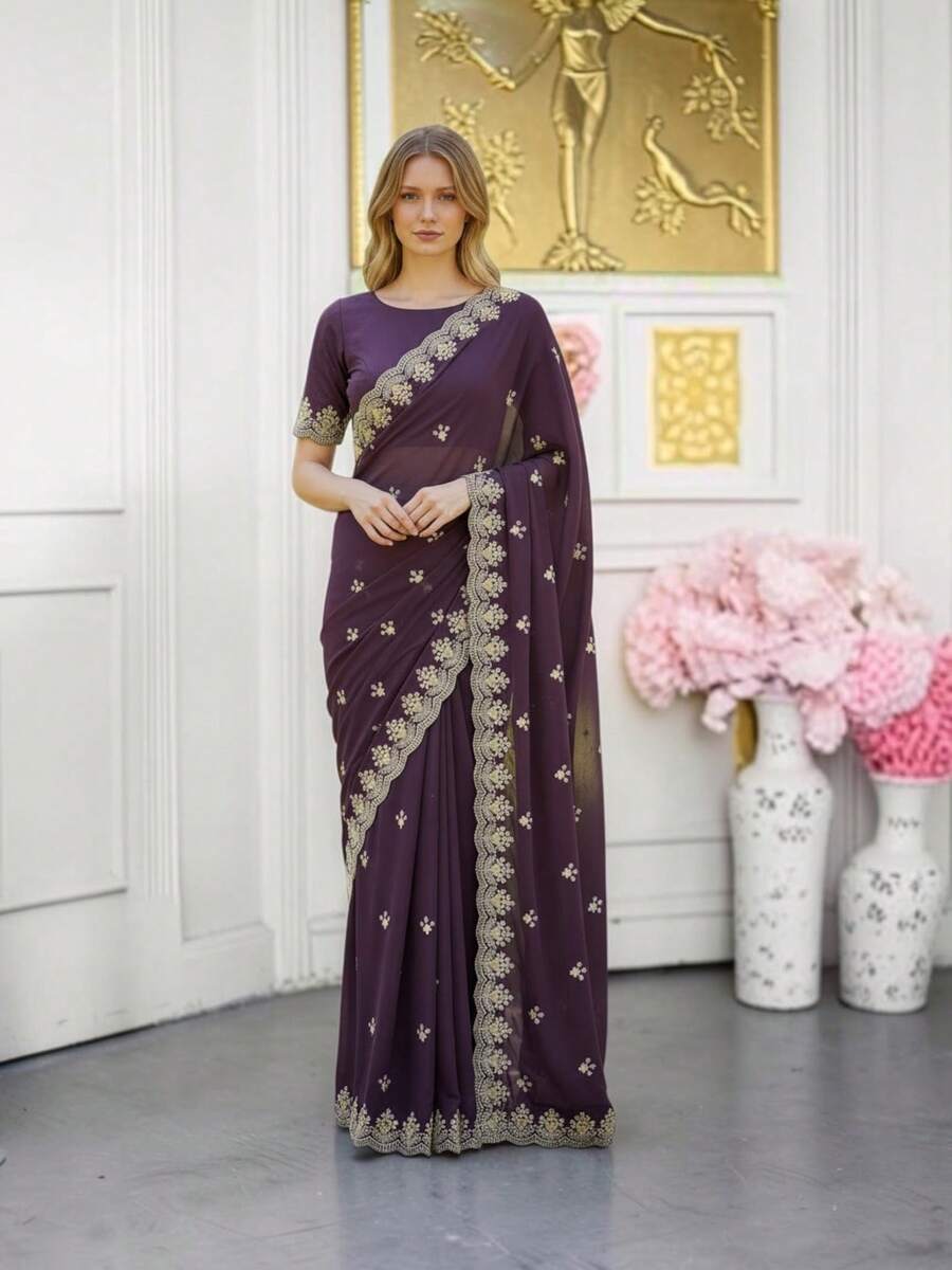 Faux Georgette Saree With Unstitched Blouse, Cultural Wear For Women - Multicolor - View 1