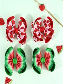4 Stücke Wassermelone & Erdbeere Schleife Haarspangen, Fruchtmuster Haarstyling-Clips, süße blumenförmige Schleife Haarspangen, Feiertags- & Alltags-Haaraccessoires für Teenager - Verschiedenfarbig - Übersicht 2