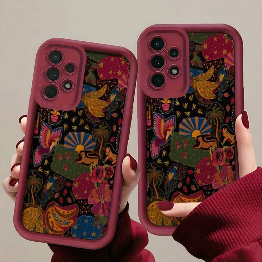 1 funda para teléfono móvil con vívidos patrones de animales y naturaleza inspirados en el arte popular, que presenta diseños coloridos de pájaros, flores y sol sobre un fondo negro, adecuada para Samsung Galaxy S25 S24 S23 S22 S21 S20 FE Ultra Plus 4G 5G. La funda protectora de TPU suave es a prueba de golpes y resistente a los arañazos, lo que la convierte en una opción ideal para celebraciones festivas y eventos culturales, expresando alegría y creatividad. - Color mixto 1 - Ver 1
