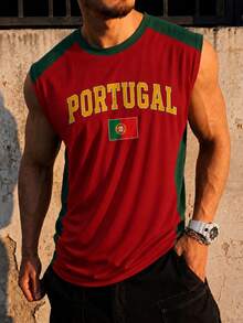 Débardeur sans manches pour hommes Fractyr avec imprimé drapeau "Portugal" et blocs de couleurs, débardeur de muscle athlétique vintage doux et ample, débardeur de football rétro décontracté d'été - Rouge foncé - Voir 4