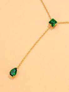 outingfit 1pc New Vintage Geometric Shape Emerald Green Square Rhinestone Necklace With Water Drop Pendant Accessory For Women - Gold - View 5