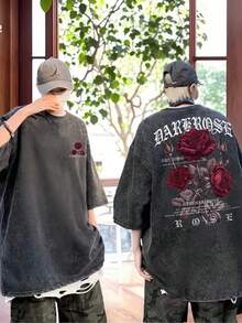 Oversized Black Washed Vintage Style T-Shirt With Graphic Print Of Dark Red Roses Wrapped In Ribbons, Clothing For Men And Women, Breathable Cotton T-Shirt, Casual T-Shirts - 黑色 - 查看 2