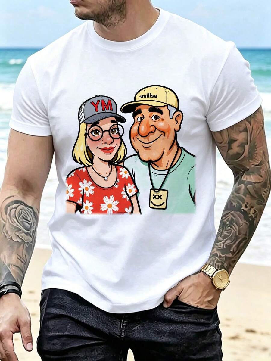 New Couple Collection T-Shirt With Illustration Of A Couple Wearing YM And Smilso Caps - Men's Casual Clothing, Father's Day Gift, Mexican Style - 白色 - 查看 1