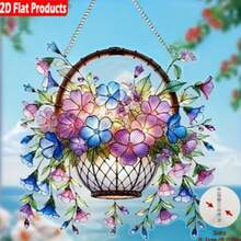 2D Acrylic Window Hanging Garden Sun Catcher - Flower Basket Floral Pattern, Perfect For Home, Porch, Bedroom, Office, Outdoor Patio Window Decor - A - View 5