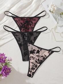 3pcs Plus Size Women Casual Comfortable Thong Panties Elastic Fabric Underwear Set - Multicolor - View 3