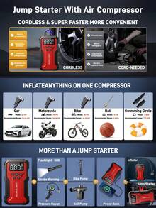 Car Battery Jump Starter With 150PSI Air Pump, Portable Car Emergency Jump Starter, Car Battery Air Pump With Auto Shut-Off Function, Includes Jump Cables And Lighting - J33 - View 11