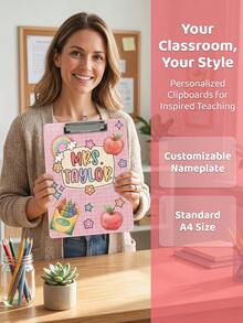 1pc Custom Teacher Clipboard,Personalized Name Pencil Shaped Clipboard,Cute Polka Dot Teacher Appreciation Gift,Rainbow Apple Crayon Pattern,Great For Classroom Office Use,Perfect For Teachers,Tutors Educators,Classroom Use,Lesson Planning - Multicolor - View 9