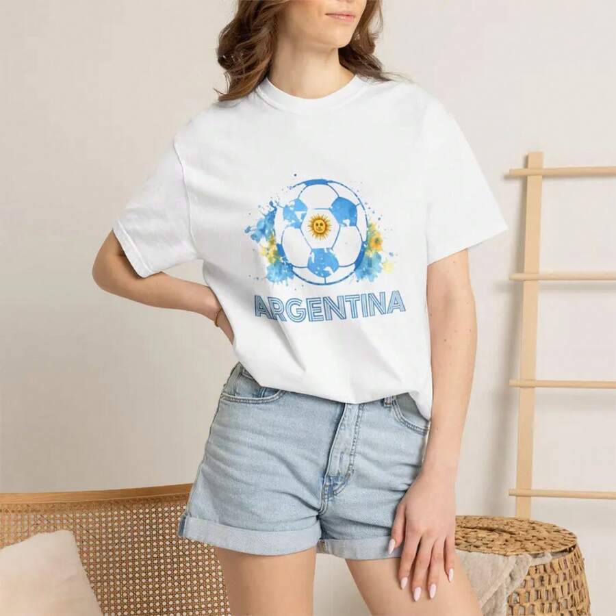 Argentina Soccer Ball Floral Print T-Shirt |   Football Tee - Black - View 1