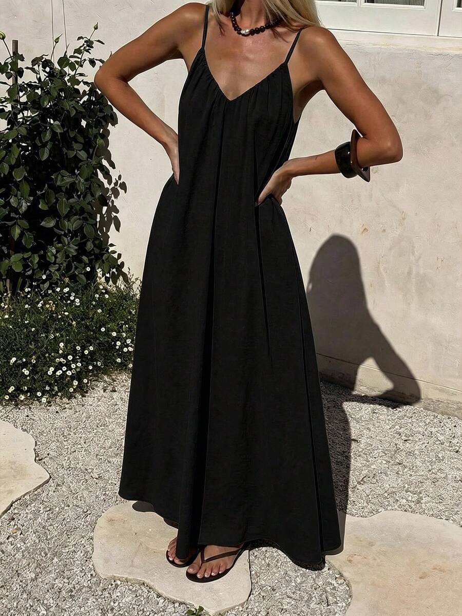 Spring/Summer Black V-Neck Backless Dress, Bohemian Style, Suitable For Beach, Wedding, Daily Wear - Black - View 1