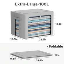 3Pack Frame Storage Box - Clothes Storage Bin Bags Oxford Fabric Foldable Stackable Container Organizer Set with Clear Window and Carry Handles Grey, Extra Large-100L - Gris - Ver 4