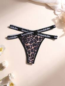 2 PCS Women's Sexy Leopard Splicing Thong Low Waist Letter Belt Panties Comfortable And Breathable Sports Underwear - Multicolor - View 4