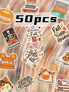 50入書卷風秋季貼紙:PVC貼紙,可用於裝飾筆記本,自黏式,適合行李箱、個性趣味小物、日記本、滑板及其他不規則形狀物品,適合作為派對禮物 - 查看 2