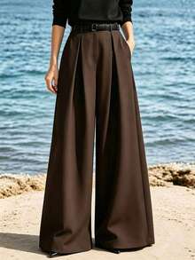 Commuting Fashionable Elegant Loose Pleated Wide-Leg Pants - Coffee Brown - View 4