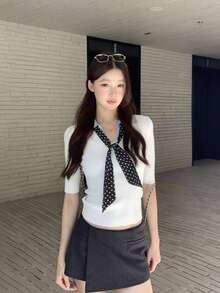 Atasan Sweater 2 in 1 Model Korea Elegan, Potongan Pendek Slim Fit, Leher V, Kasual, Warna Putih untuk Musim Panas - Putih - View 3
