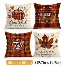 4 Stücke Herbst-Kariert Kürbis Ahornblatt Muster einseitig bedruckte Kissenbezüge/Kissenbezüge, Multi-Szenen Atmosphäre Dekoration Kissenbezüge geeignet für Wohnzimmer Sofa Schlafzimmer, ohne Kissenfüllung, 40x40cm/45x45cm/50x50cm - Verschiedenfarbig - Übersicht 13