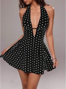 Women's Short Dress With Deep V-Neck And Open Back, Polka Dot Print, Vacation Style, For Summer - Black - View 8